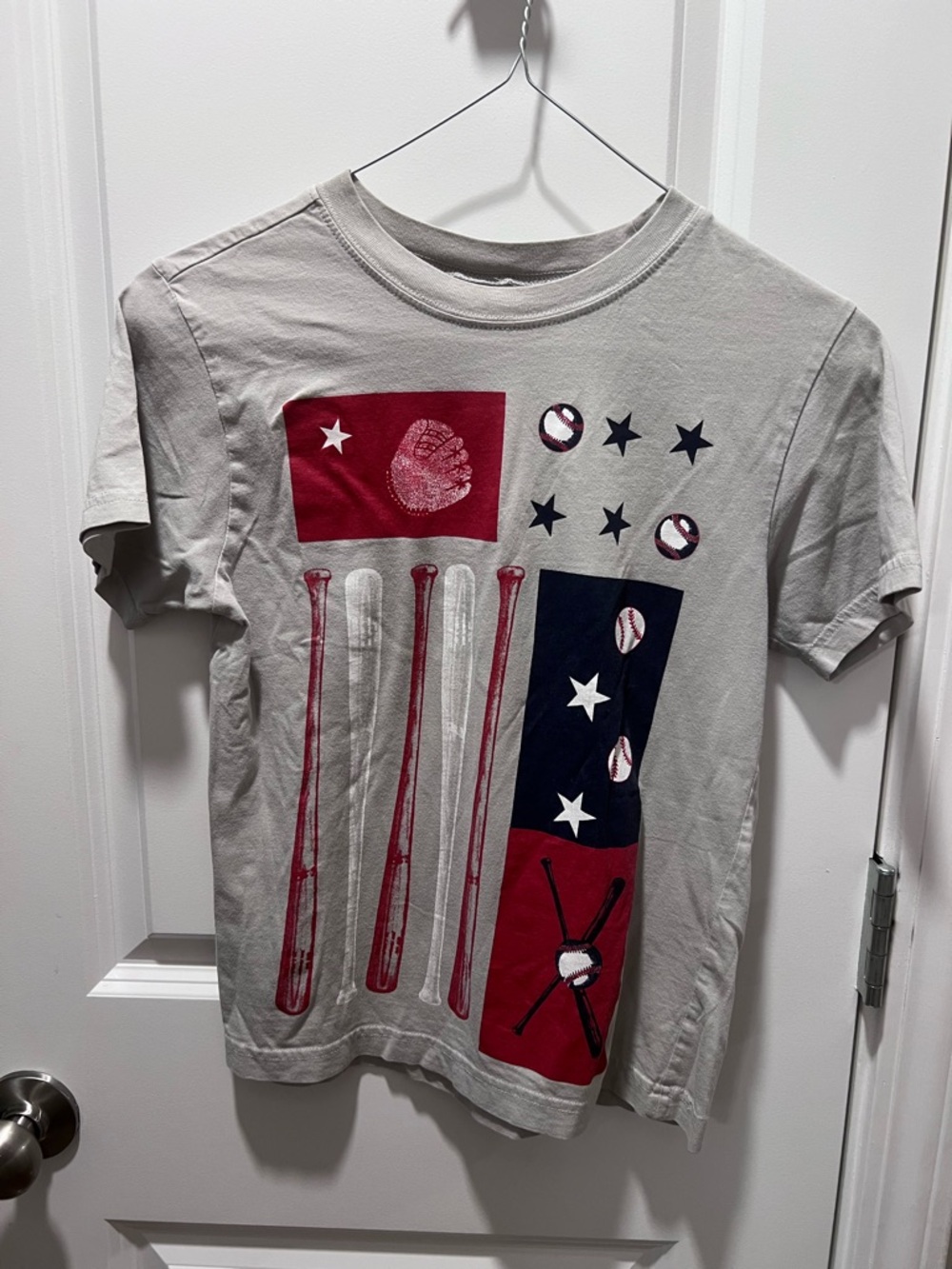 Gymboree Gray Tee with Red and Navy Baseball Flag Graphic